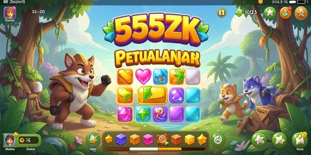 Screenshot gameplay 555ZK dengan aksi mencocokkan permata.