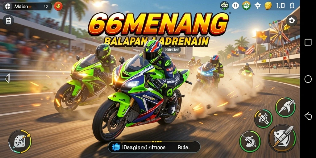 Tampilan gameplay 66MENANG dengan balapan motor yang mendebarkan.