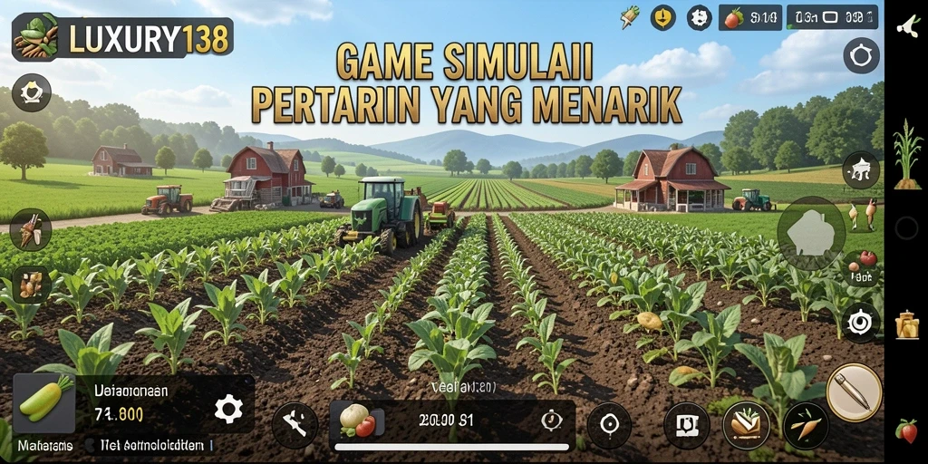Tangkapan layar gameplay LUXURY138 menunjukkan suasana pertanian yang hidup dan interaktif.