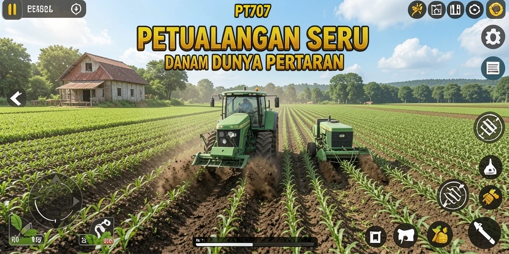 Gameplay PT707 yang menampilkan kebun subur dan hewan ternak.