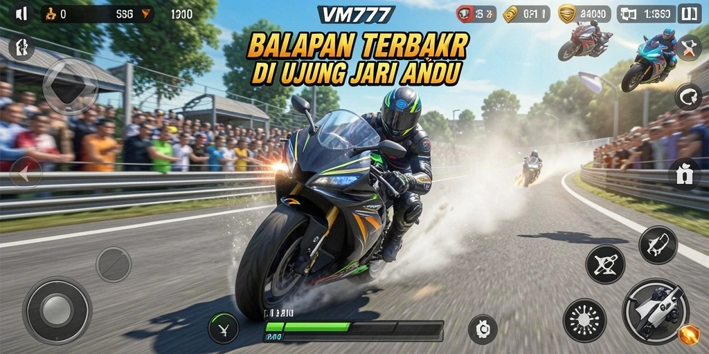 Screenshot VM777 menampilkan gameplay balapan motor yang intens dan memukau.